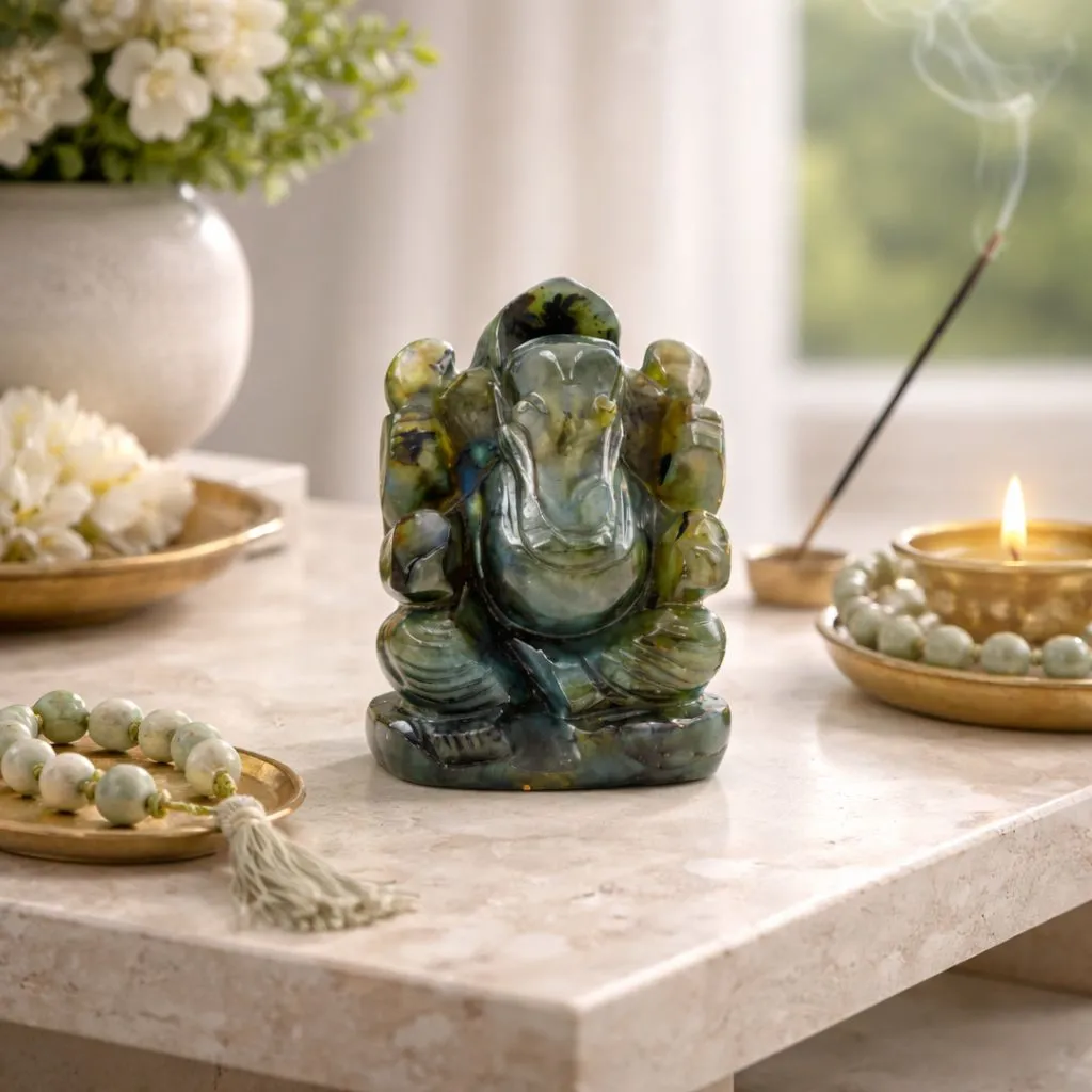 Natural Labradorite Ganesha Idol | Protection, Wisdom & Transformation