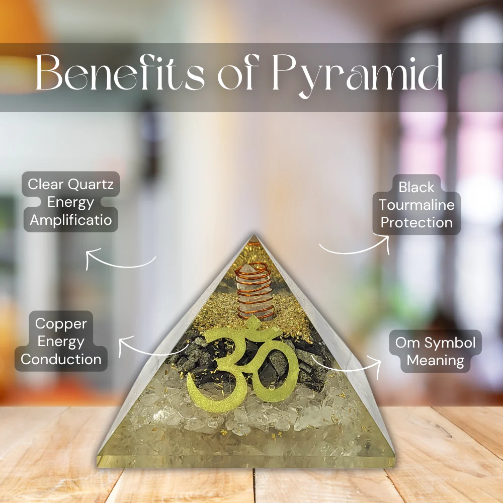 Om Orgonite Pyramid | Clear Quartz & Black Tourmaline - Image 4