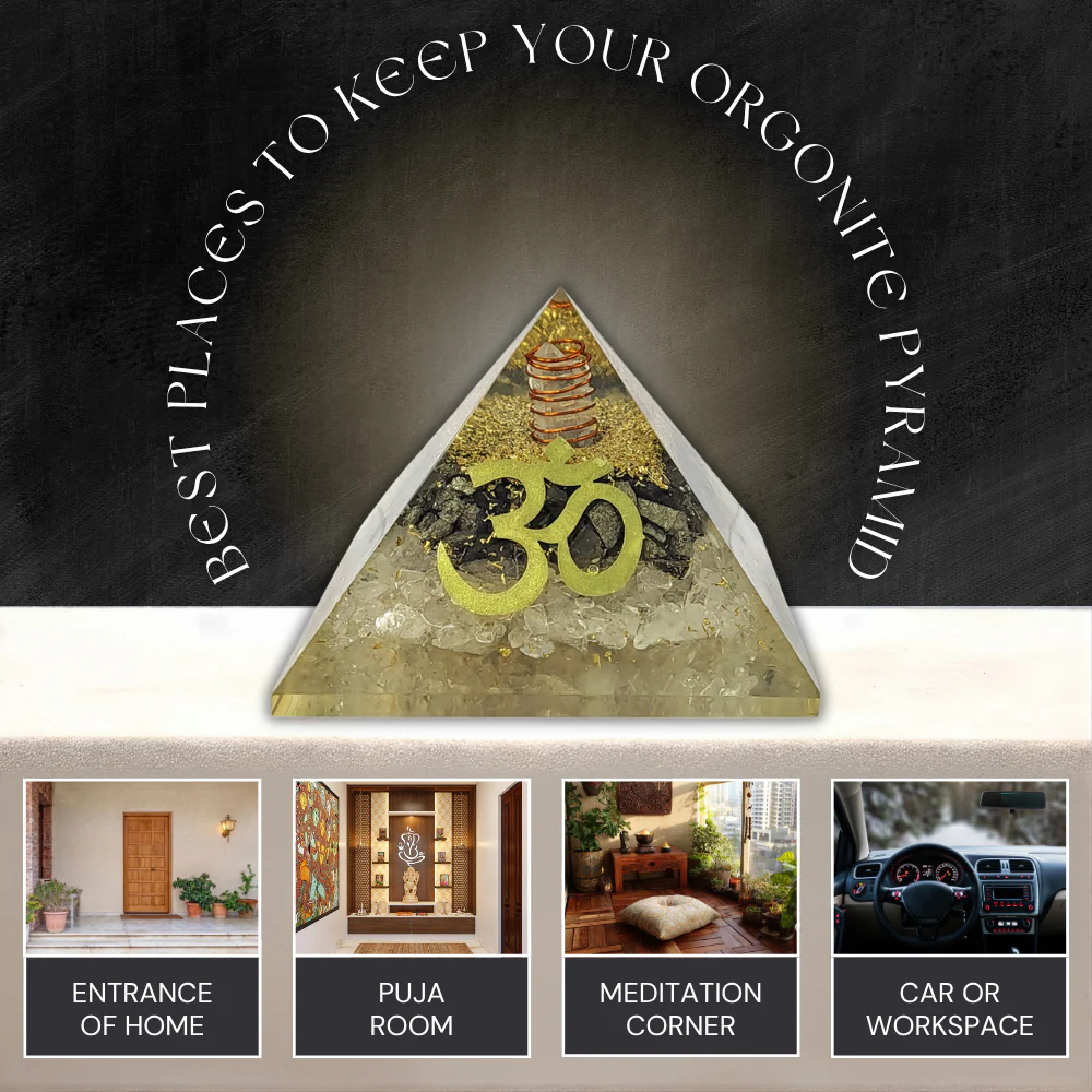 Om Orgonite Pyramid | Clear Quartz & Black Tourmaline - Image 5