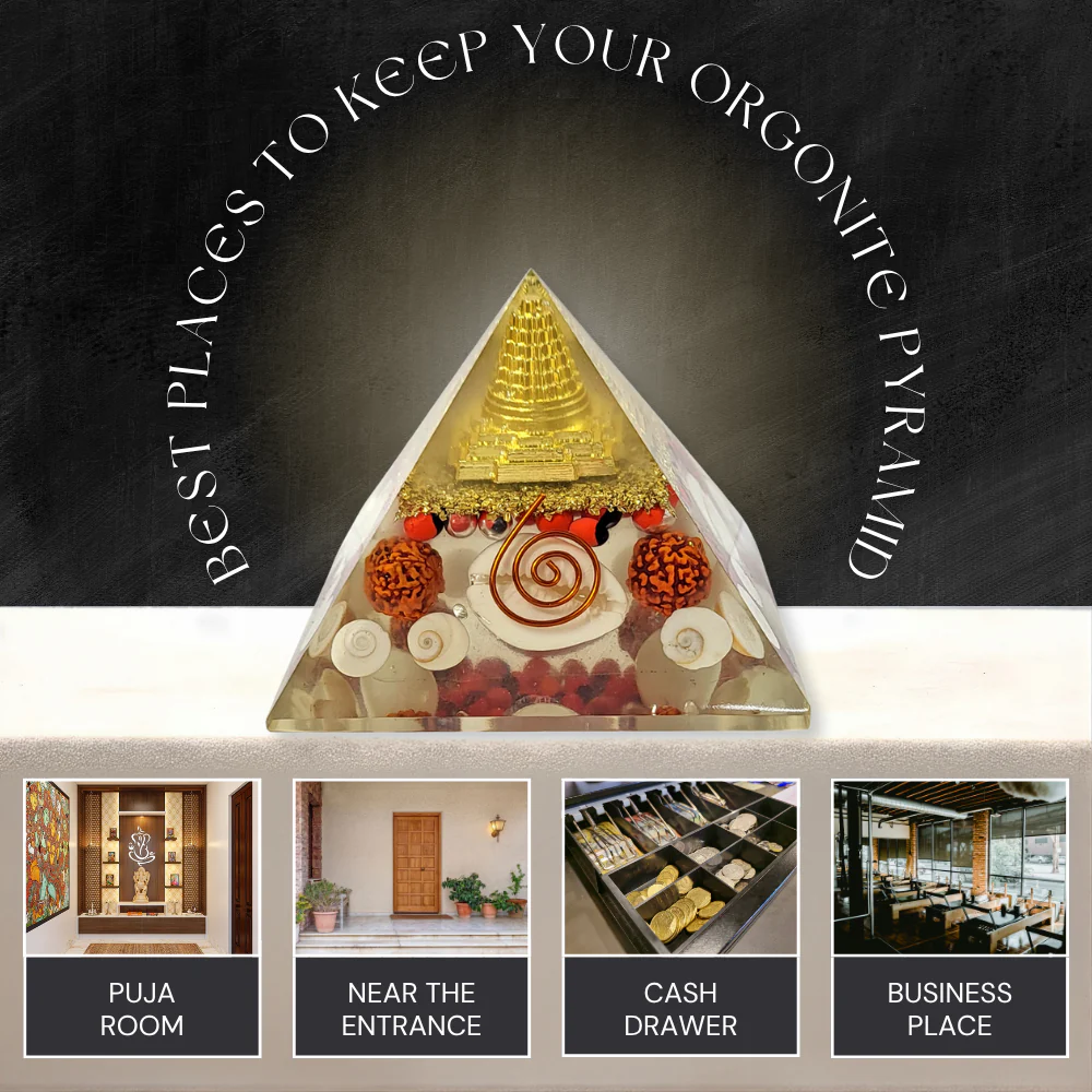 Rudraksha & Gomti Chakra Orgonite Pyramid - Image 4